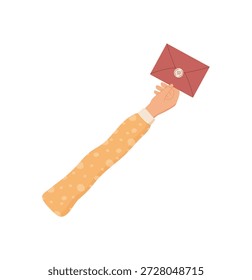 Cartoon hand holding a feedback envelope symbol. Isolated visual element of review communication, client message, or opinion sharing. Creative concept for business commentary or surveys.