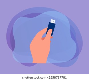 Cartoon hand holding flash drive or USB stick. Portable memory storage flat vector illustration. Technology, hardware, data, equipment concept for banner, website design or landing web page