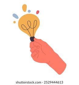 Cartoon hand holding glowing bulb. Light bulb in hand, solution, innovation and creative idea metaphor flat vector illustration. Great idea concept