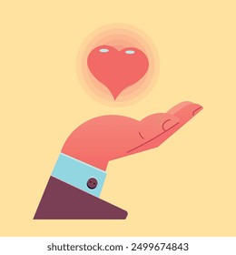 cartoon hand holding a glowing heart, trendy flat design.