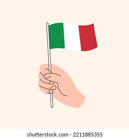 Cartoon Hand Holding Italian Flag, Flag of Italy, Concept Illustration, Flat Design Isolated Vector.