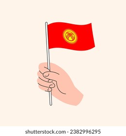 Cartoon Hand Holding Kyrgyzstani Flag, Simple Vector Design. Flag of Kyrgyzstan, Central Asia, Concept Illustration, Isolated Flat Drawing
