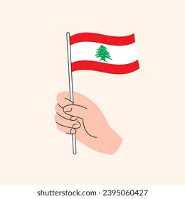 Cartoon Hand Holding Lebanese Flag, Simple Vector Design. Flag of Lebanon, Middle East, Concept Illustration, Isolated Flat Drawing