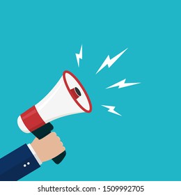 Cartoon hand holding loudspeaker, loud voice horn, megaphone.Flat banner with person shout message.Sound from megaphone for social media, promote business, public.Blue background vector illustration