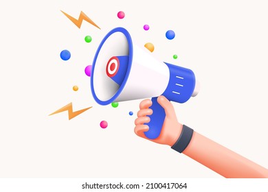 Cartoon hand holding megaphone 3d render on white background with copy space. Digital Marketing concept. 3d Vector illustration - Shutterstock ID 2100417064