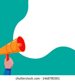 Cartoon Hand holding Megaphone on blue background with bubble. Social media marketing concept with place for words. Vector template.