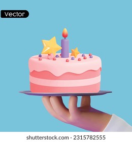 Cartoon hand holding metal tray with Cake isolated over Blue background. 3d vector illustration
