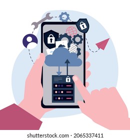 Cartoon hand holding mobile phone with application for uploading files to cloud storage. Hosting stage service. Data storage and processing. Cloud computing and network services. Vector illustration