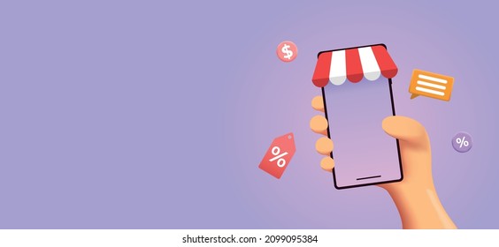 Mano de caricatura que sostiene un teléfono móvil inteligente con una aplicación comercial. Icono de compra. Concepto de compras en línea.