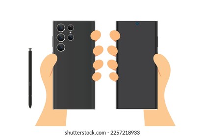 Cartoon hand holding mobile smart phone. Modern mockup. Vector illustration