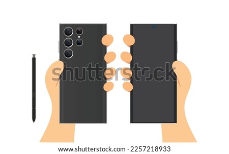 Cartoon hand holding mobile smart phone. Modern mockup. Vector illustration