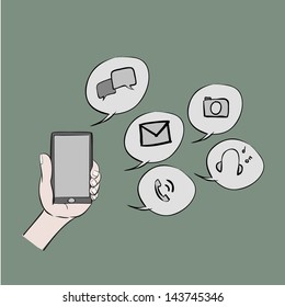 Cartoon hand holding mobilephone