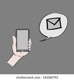 Cartoon hand holding mobilephone and message alert.