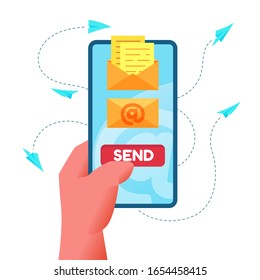 Cartoon Hand Holding Modern Smartphone With Email Envelope With Send Button On Screen. Email Message In Mobile Phone Screen. Vector Online Communication, Mail Inbox. Email Marketing Services.