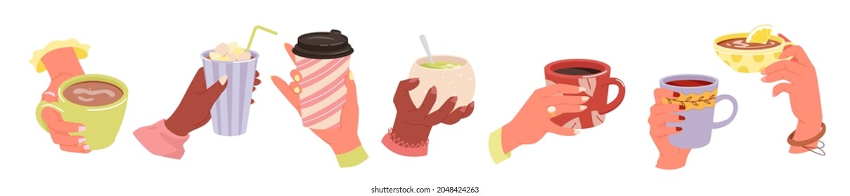 Cartoon hand holding mug of warm beverage, morning espresso or chocolate with marshmallow isolated on white. Hands hold coffee or tea cup set, people with cafe take away hot drink vector illustration