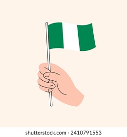 Cartoon Hand Holding Nigerian Flag, Simple Vector Design. Flag of Nigeria, West Africa, Concept Illustration, Isolated Flat Drawing