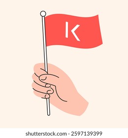 Cartoon Hand Holding Orange Kava Flag Representing Crypto Currency and Tech, KAVA Token Symbol Vector