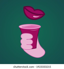 Cartoon hand holding a paper cup with coffee or tea. Abstract comic composition with drink and lips. Vector on a green background. EPS 10. Flat style. Can be used as an advertisement for the holidays.