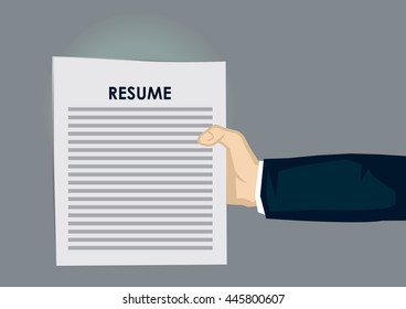 Cartoon hand holding paper document titled Resume isolated on grey background. Vector illustration on human resource and employment concept.