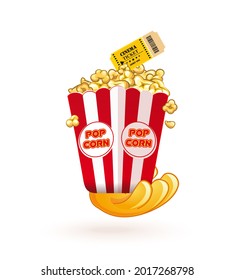 Cartoon hand holding paper popcorn box and cinema ticket. Cinematography concept. Vector illustration