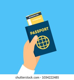 Cartoon Hand Holding Passport and Boarding Pass Travel Concept Flat Design Style on a Blue. Vector illustration