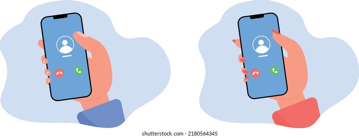 Teléfono de mano de caricatura con llamada entrante en la pantalla de ilustración vectorial plana. Interfaz de usuario móvil. Botón Aceptar, botón Rechazar. Pantalla de llamada telefónica. Smartphone, pantalla de llamada telefónica