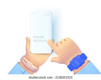 Cartoon hand holding a phone. Smartphone mockup. The finger taps on the phone. Vector isolated illustration 3d style