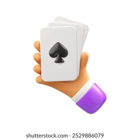 Cartoon hand holding playing cards vector 3d icon. Casino player arm with ace of spades isolated on white background