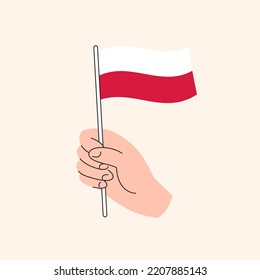 Cartoon Hand mit polnischer Flagge, Flagge von Polen, Concept Illustration, Flach Design isolierter Vektorgrafik.