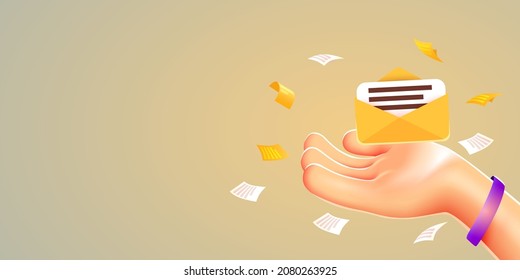 Cartoon hand holding or receiving mail. Spam or messaging concept. Vector illustration 