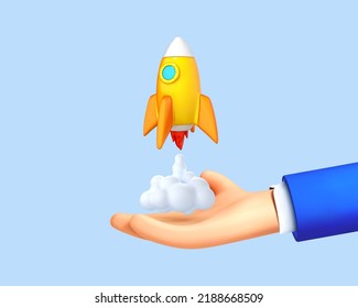 Cartoon hand holding rocket icon that takes off launch on blue background. Launch business product on market. Startup business concept. Vector 3d illustration