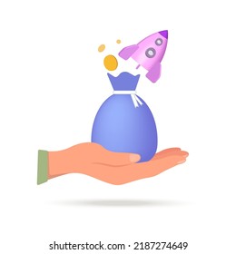 A Cartoon Hand Holding A Rocket Taking Off, The Growth Of Finances. 3D Image.