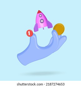 A Cartoon Hand Holding A Rocket Taking Off, The Growth Of Finances. 3D Image.