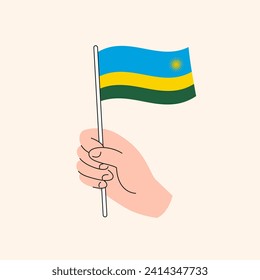 Cartoon Hand Holding Rwandan Flag, Simple Vector Design. Flag of Rwanda, East Africa, Concept Illustration, Isolated Flat Drawing