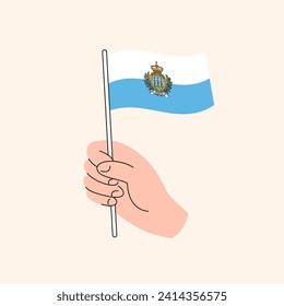 Cartoon Hand Holding Sammarinese Flag, Simple Vector Design. Flag of San Marino, Europe, Concept Illustration, Isolated Flat Drawing
