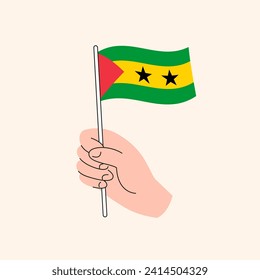 Cartoon Hand Holding Sao Tomean Flag, Simple Vector Design. Flag of Sao Tome and Principe, Central Africa Concept Illustration, Isolated Flat Drawing