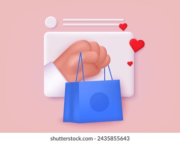 Cartoon hand holding shopping bag coming out from screen. Online shopping or delivery concept illustration. 3D Web Vector Illustrations.