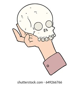 mão de desenho animado segurando o crânio
