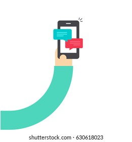 Cartoon hand holding smartphone with chatting notifications, flat style person hand with mobile phone and sms messages, bubbles on cellphone vector illustration