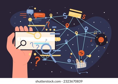 Cartoon hand holding smartphone with customizable smart mobile app on touchscreen infographic dark flat vector illustration. Online search service in internet browser of phone for finding information.