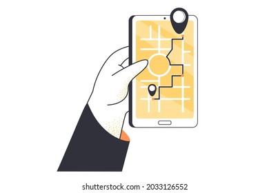 Cartoon hand holding smartphone with GPS navigator on screen. Flat vector illustration. Electronic route generated automatically in application on map online. Location, navigation, mobile concept