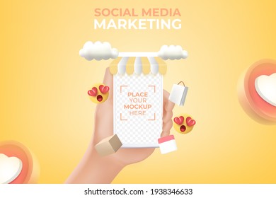 cartoon hand holding smartphone with icon social media. 3d vector illustration.