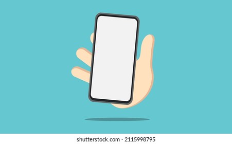 Cartoon hand holding smartphone isolated on blue background, Hand using mobile phone mockup.Vector illustration
