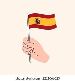 Cartoon Hand Holding Spanish Flag, Flag of Spain, Concept Illustration, Flat Design Isolated Vector.