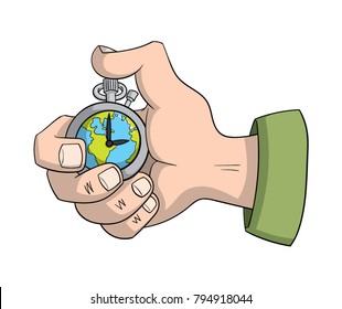 Cartoon hand holding a stopwatch with a world map as it's face