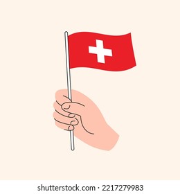 Cartoon Hand Holding Swiss Flag Drawing, Flag of Swirzerland, Concept Illustration, Flat Design Isolated Vector.