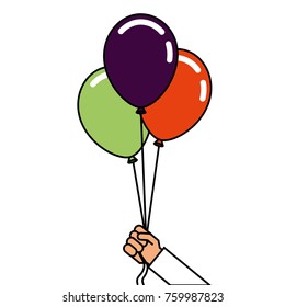 cartoon hand holding three balloons celebration event