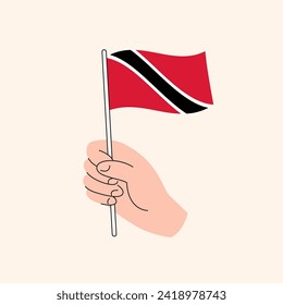 Mano de caricatura que sostiene la bandera de Trinidad y Tobago, simple diseño de vectores. Bandera de Trinidad y Tobago, Sudamérica, ilustración conceptual, plano aislado