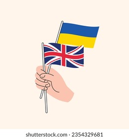 Cartoon Hand Holding Ukrainian And British Flags. Ukraine UK Relationships. Concept of Diplomacy, Politics And Democratic Negotiations. Flat Design Isolated Vector