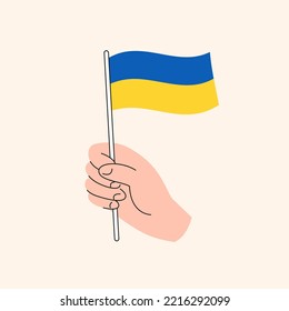 Cartoon Hand Holding Ukrainian Flag Drawing, Flag of Ukraine, Hand Drawn Illustration, Flat Design Isolated Vector Icon.